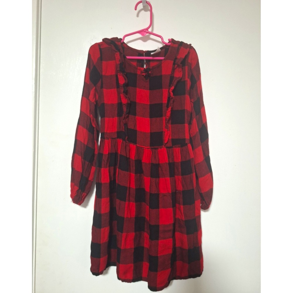 Wonder Nation Girls Size 6x Fit  Flare Dress Red Black Plaid Long Sleeve Keyhole